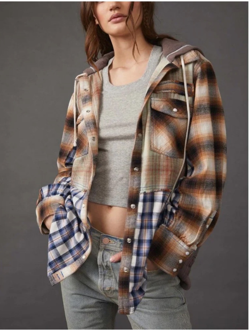 Free People Blue Ridge Plaid Hooded Shirt Jacket New Size XS